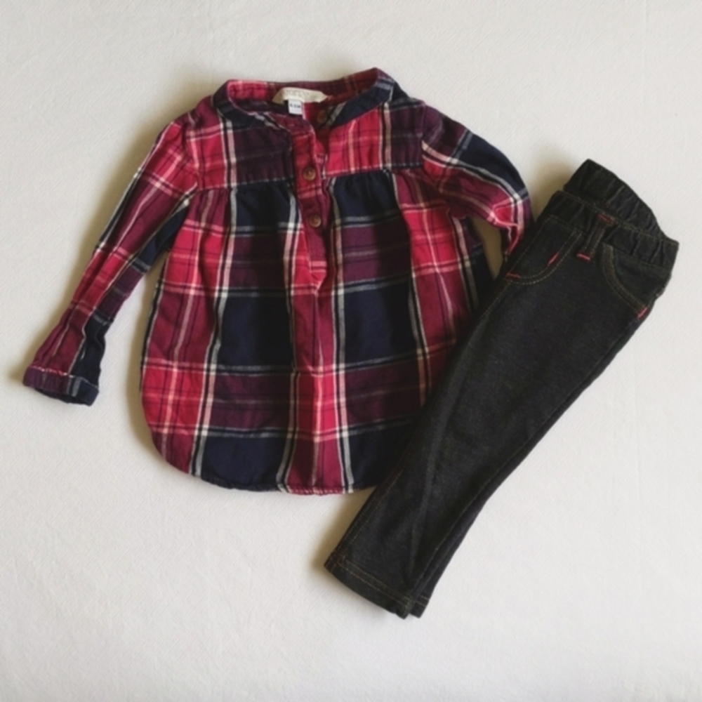 mixed brands outfit set plaid blouse & denim knit leggings 6-12 months baby girl